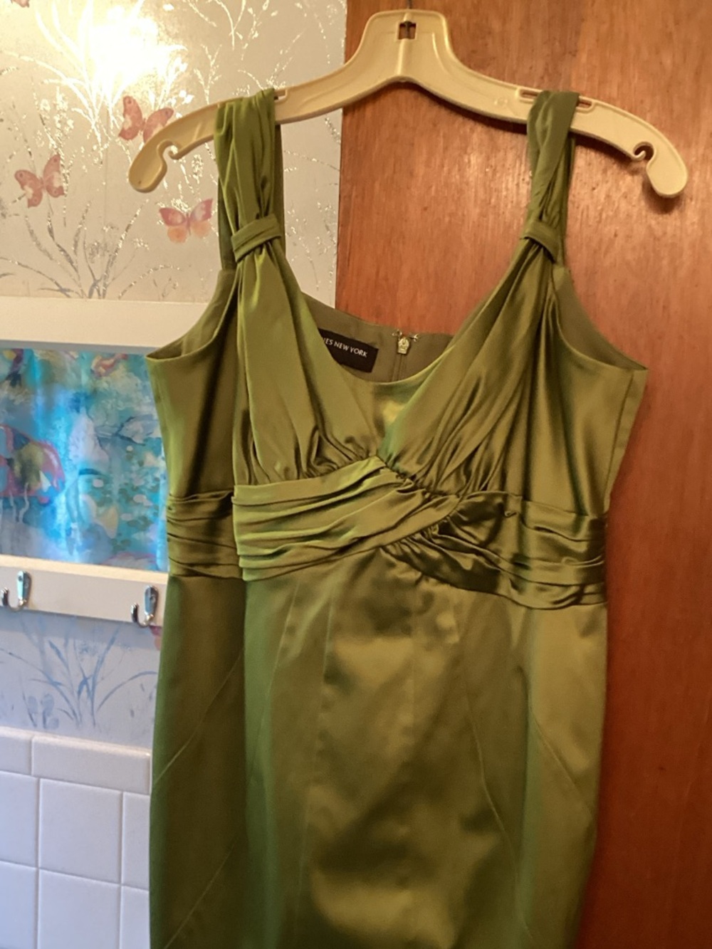 Jones New York Olive Green Satin Twist-Front Midi DressLike new